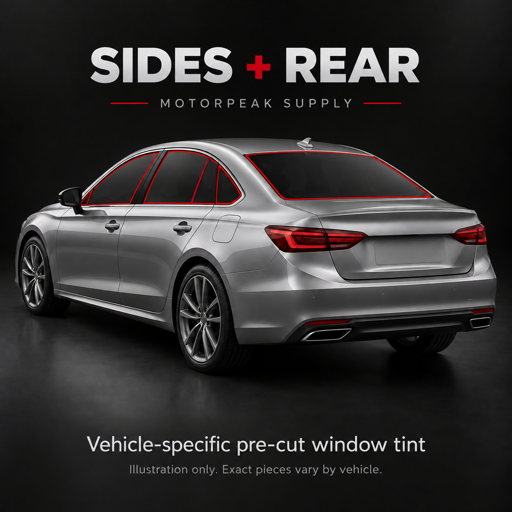 MotorPeak Supply illustration highlighting side windows and rear windshield on a sedan; exact pre-cut pieces vary by vehicle.