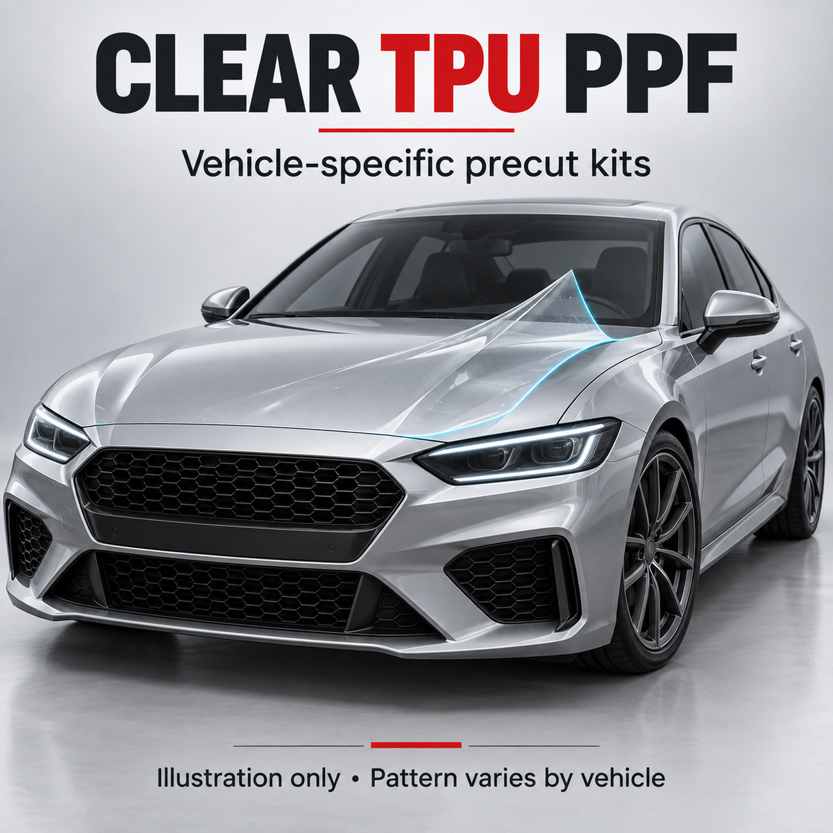 Illustration of clear paint protection film. Pattern varies by vehicle.