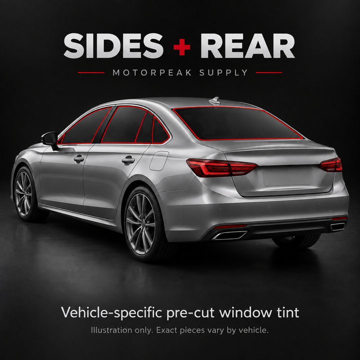 MotorPeak Supply illustration highlighting side windows and rear windshield on a sedan; exact pre-cut pieces vary by vehicle.